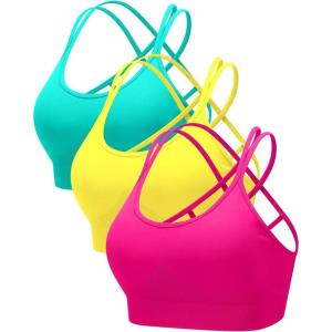 RUNNING GIRL Sports Bras for Women Pack Criss Cross Back Sexy Strappy Sports Bra Seamless Padded Yoga Bra with Removable Cups(3pack Green/Yellow/Hotpink)
