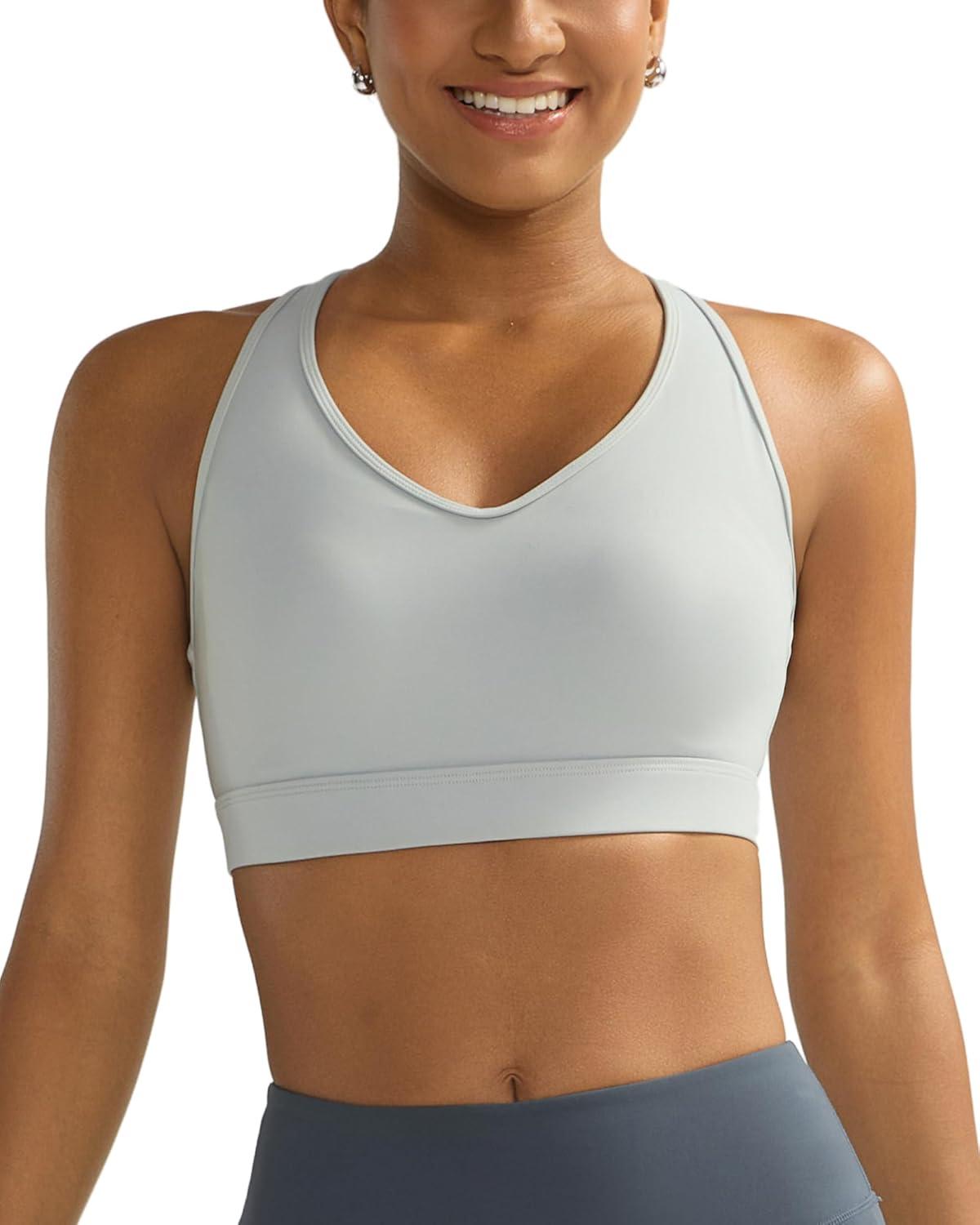 imageRUNNING GIRL Sports Bras for Women High Support V Neck Molded Cup High Impact Sports Bra with Sewn in PadsGrey