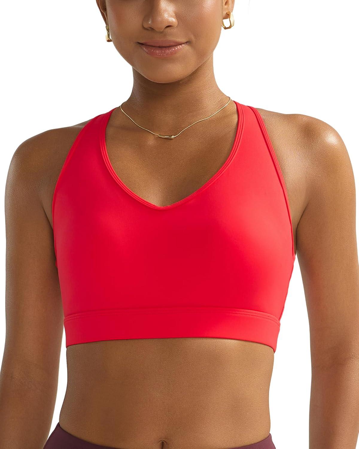 imageRUNNING GIRL Sports Bras for Women High Support V Neck Molded Cup High Impact Sports Bra with Sewn in PadsRed