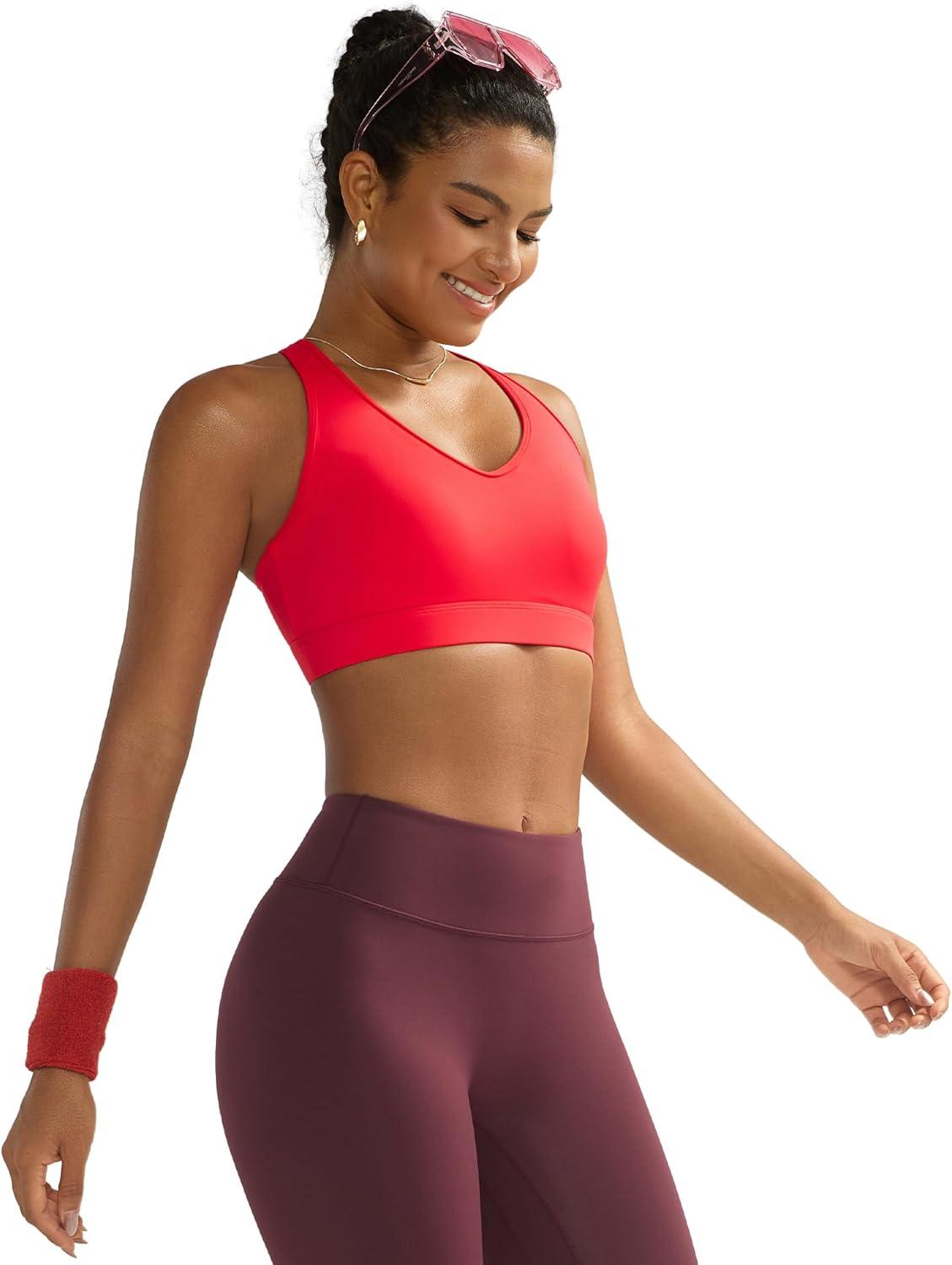 imageRUNNING GIRL Sports Bras for Women High Support V Neck Molded Cup High Impact Sports Bra with Sewn in PadsRed