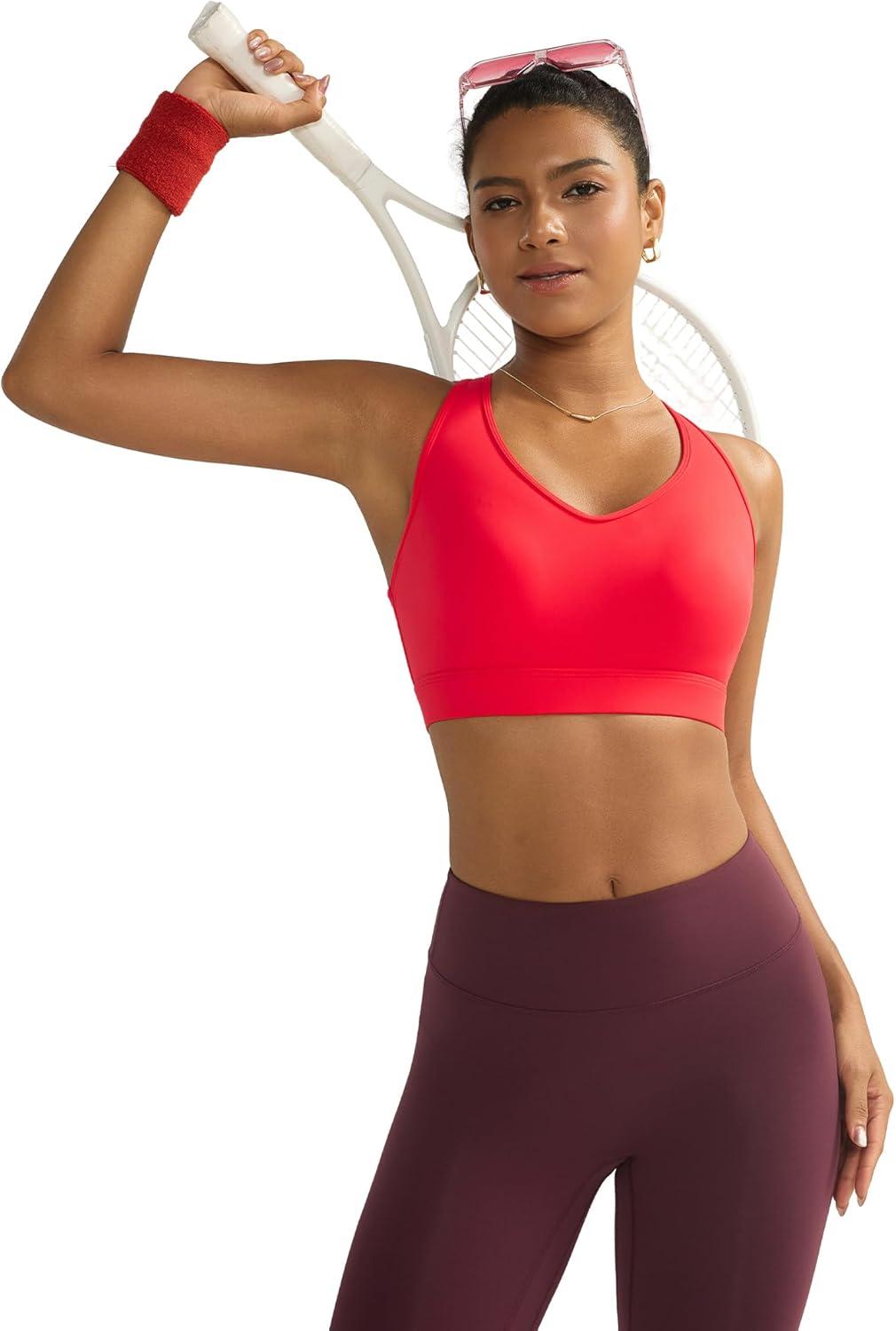 imageRUNNING GIRL Sports Bras for Women High Support V Neck Molded Cup High Impact Sports Bra with Sewn in PadsRed