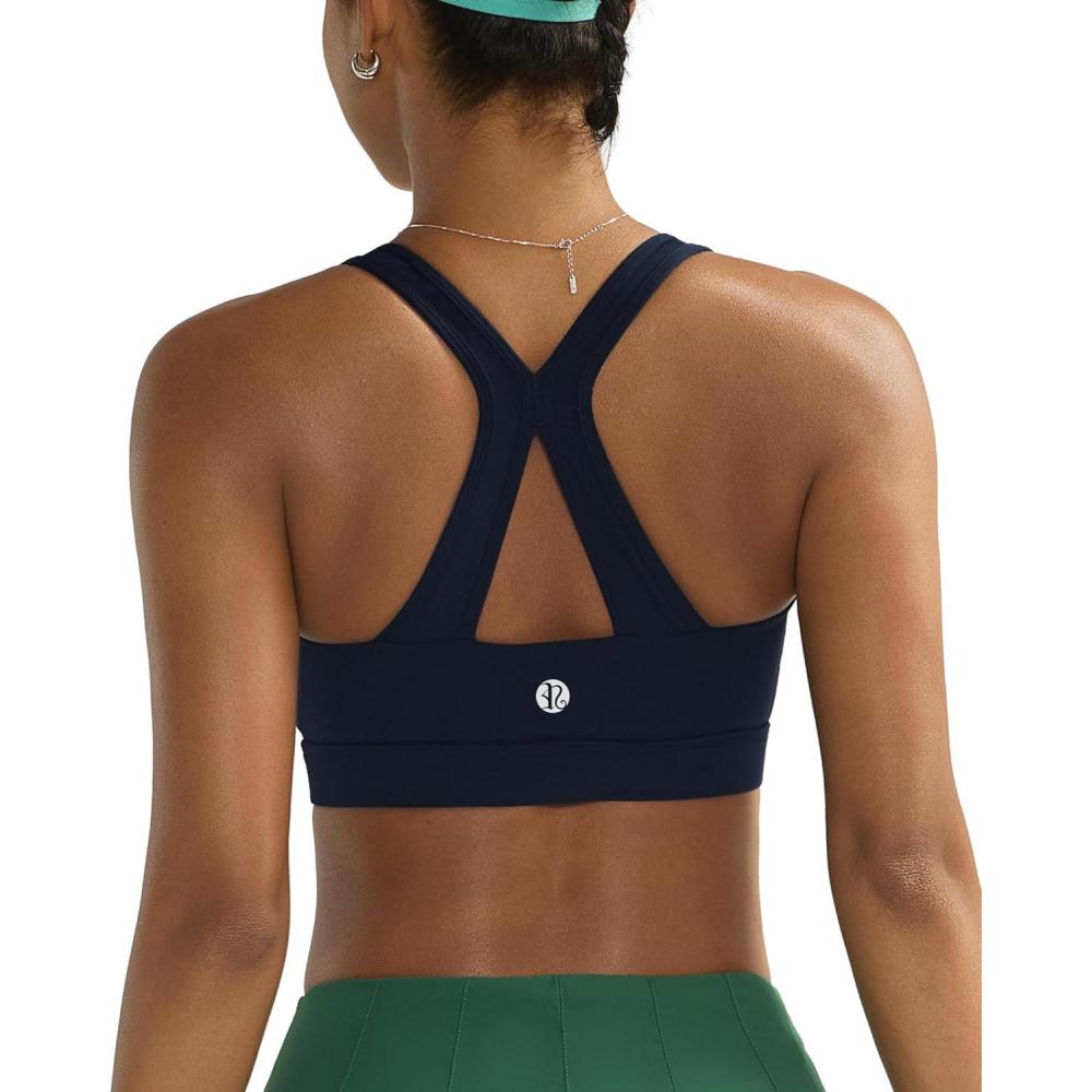 imageRUNNING GIRL Sports Bras for Women High Support V Neck Molded Cup High Impact Sports Bra with Sewn in PadsNavy Blue