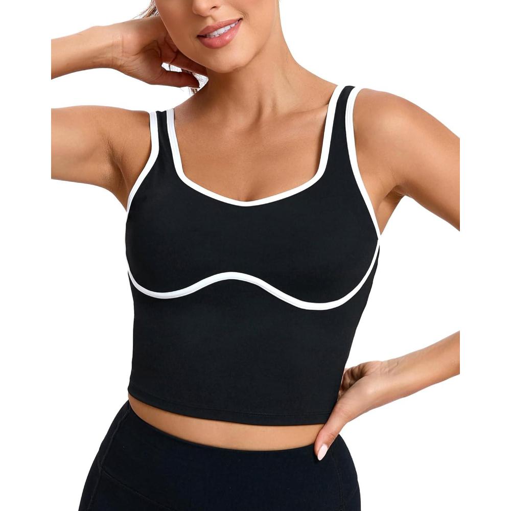 imageRUNNING GIRL Sports Bras for WomenLongline Workout Crop Tank Tops Padded with Built in Shelf Padded Sports BraBlack